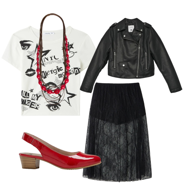 Outfit donna - Rock-Chic Vibes. Stile Rock per Serata fuori. Abbinamento con décolleté, giacche, gonne longuette, t-shirt, collane.