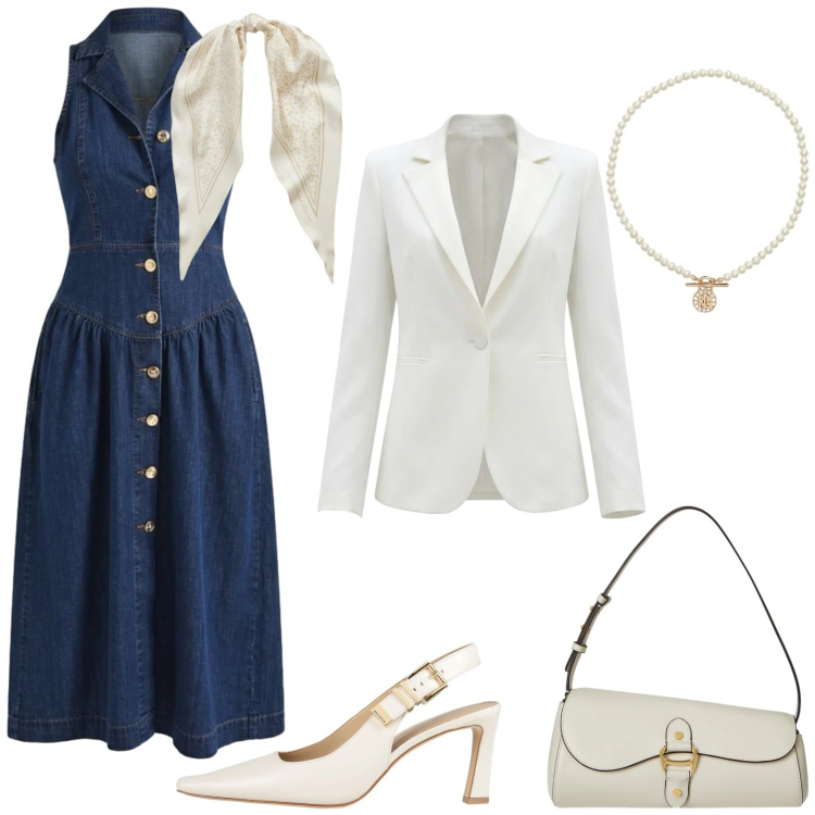 Outfit donna - Denim chic. Stile Chic per Tutti i giorni. Abbinamento con décolleté, vestiti chemisier, blazer, ciondoli, borse a spalla, foulard.