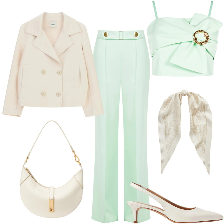 Outfit donna - Cerimona a maggio 1. Stile Glamour per Cerimonia. Abbinamento con top, pantaloni, blazer, décolleté, borse a spalla, foulard.