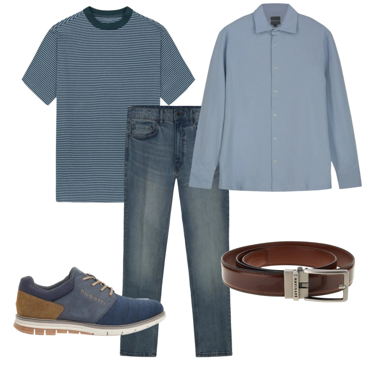 Outfit uomo - Righe estive. Stile Casual per Tutti i giorni. Abbinamento con scarpe stringate, jeans, polo, cinture, t-shirt.