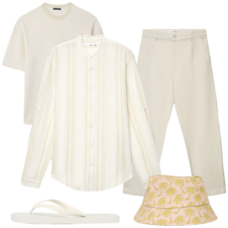 Outfit uomo - Total look #2392977. Stile Trendy per Mare. Abbinamento con cappelli con visiera, pantaloni chino, t-shirt, sandali, camicie.
