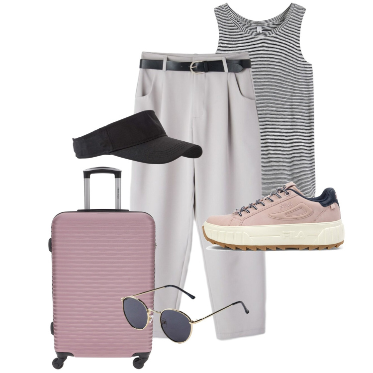 Outfit donna - Total look #2392980. Stile Sporty chic per Tutti i giorni. Abbinamento con top, occhiali da sole, cappelli con visiera, pantaloni, sneakers, valigie.