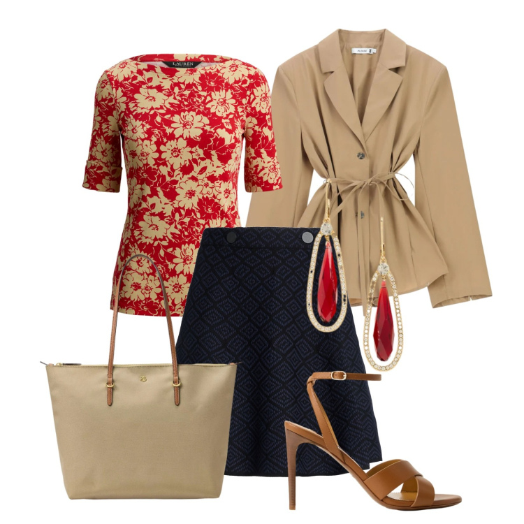 Outfit donna - Total look #2392982. Stile Chic per Serata fuori. Abbinamento con minigonne, blazer, orecchini, sandali col tacco, t-shirt, borse tote.