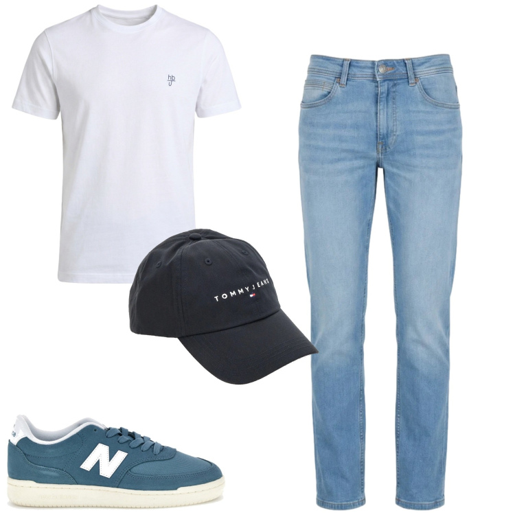 Outfit uomo - Maggio. Stile Casual per Tutti i giorni. Abbinamento con t-shirt, jeans, cappelli con visiera, sneakers.