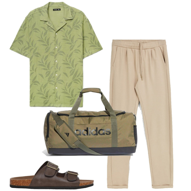 Outfit uomo - Look vacanziero. Stile Casual per Tutti i giorni. Abbinamento con sandali, camicie a manica corta, borse sportive, pantaloni.