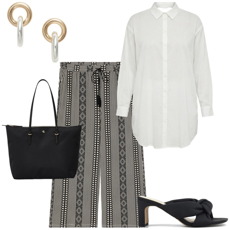 Outfit donna - Fiorella Rubino. Stile Urban per Tutti i giorni. Abbinamento con camicie, pantaloni a palazzo, borse tote, orecchini, sandali col tacco.
