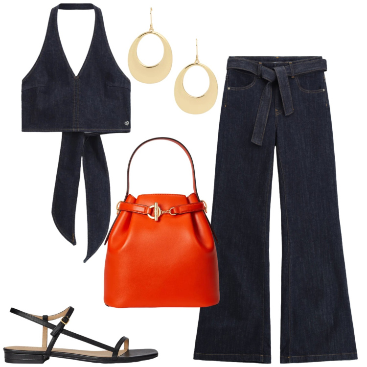 Outfit donna - Glam. Stile Casual chic per Tutti i giorni. Abbinamento con jeans a zampa, top, borse a secchiello, orecchini, sandali in pelle.