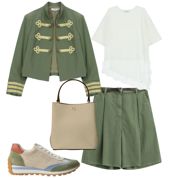 Outfit donna - Maggio. Stile Trendy per Tutti i giorni. Abbinamento con cappotti, top, shorts, borse a secchiello, sneakers.
