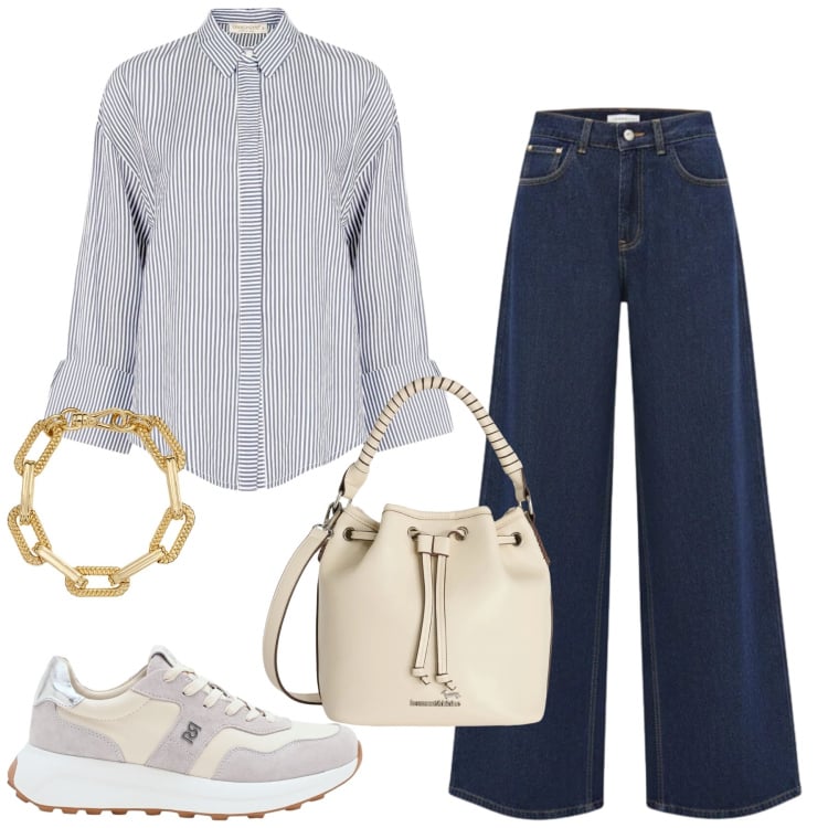 Outfit donna - Jeans e camicia a righe. Stile Casual chic per Tutti i giorni. Abbinamento con borse a secchiello, jeans, sneakers, camicie, braccialetti.