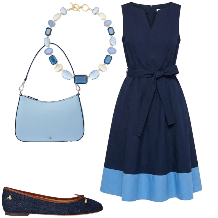 Outfit donna - City. Stile Preppy per Tutti i giorni. Abbinamento con vestiti senza maniche, borse a spalla, ballerine, collane.