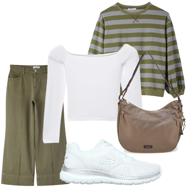 Outfit donna - Gita al lago. Stile Casual per Tutti i giorni. Abbinamento con t-shirt, pantaloni, t-shirt, sneakers, borse a spalla.