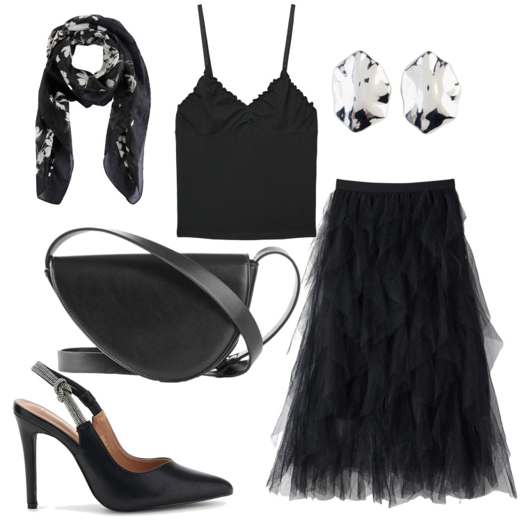 Outfit donna - Dark lady. Stile Rock per Serata fuori. Abbinamento con borse a tracolla, foulard, orecchini, canottiere, gonne lunghe, décolleté.