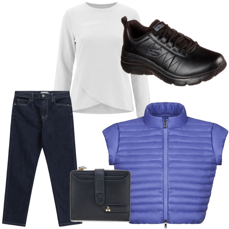 Outfit donna - Outfit sportivo glam. Stile Minimal per Tutti i giorni. Abbinamento con jeans slim fit, felpe, blazer, sneakers, portafogli.