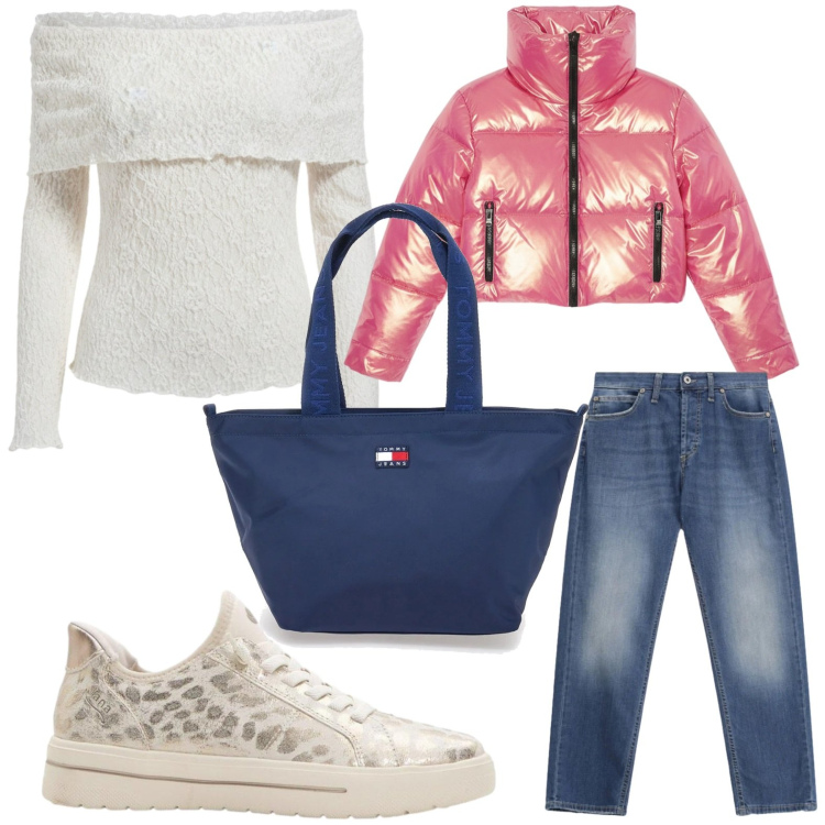 Outfit donna - Mattine frizzanti. Stile Glamour per Tutti i giorni. Abbinamento con sneakers, jeans dritti, bluse, piumini, borse tote.