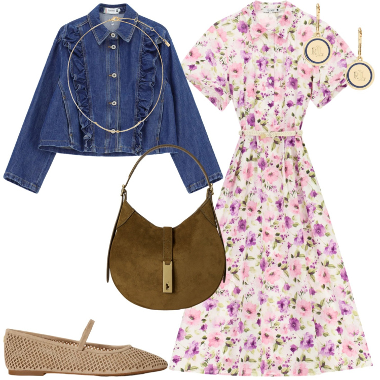 Outfit donna - Romantica e trendy. Stile Romantica per Tutti i giorni. Abbinamento con blazer, vestiti midi/longuette, borse a spalla, collane, orecchini, ballerine.