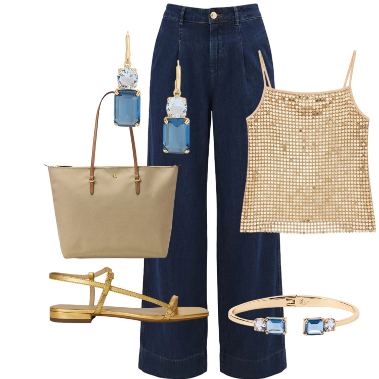 Outfit donna - Total look #2392998. Stile Chic per Serata fuori. Abbinamento con canottiere, jeans dritti, orecchini, braccialetti, sandali in pelle, borse tote.