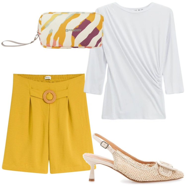 Outfit donna - Il ritorno dei bermuda eleganti. Stile Bon Ton per Serata fuori. Abbinamento con shorts, top, valigie, scarpe col tacco.