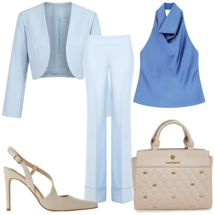 Outfit donna - Occasion Ready: battesimo di mio nipote. Stile Chic per Cerimonia. Abbinamento con top, décolleté, pantaloni a palazzo, bolero, borse a mano.