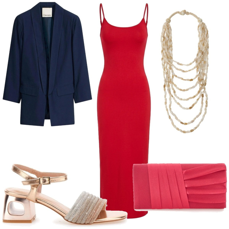 Outfit donna - Occasion Ready: mamma dello sposo. Stile Glamour per Cerimonia. Abbinamento con blazer, vestiti lunghi, collane, pochette, sandali col tacco.