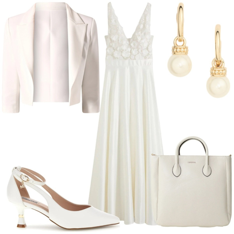 Outfit donna - Occasion Ready: evviva la sposa!. Stile Chic per Cerimonia. Abbinamento con vestiti, borse a tracolla, blazer, orecchini, décolleté.