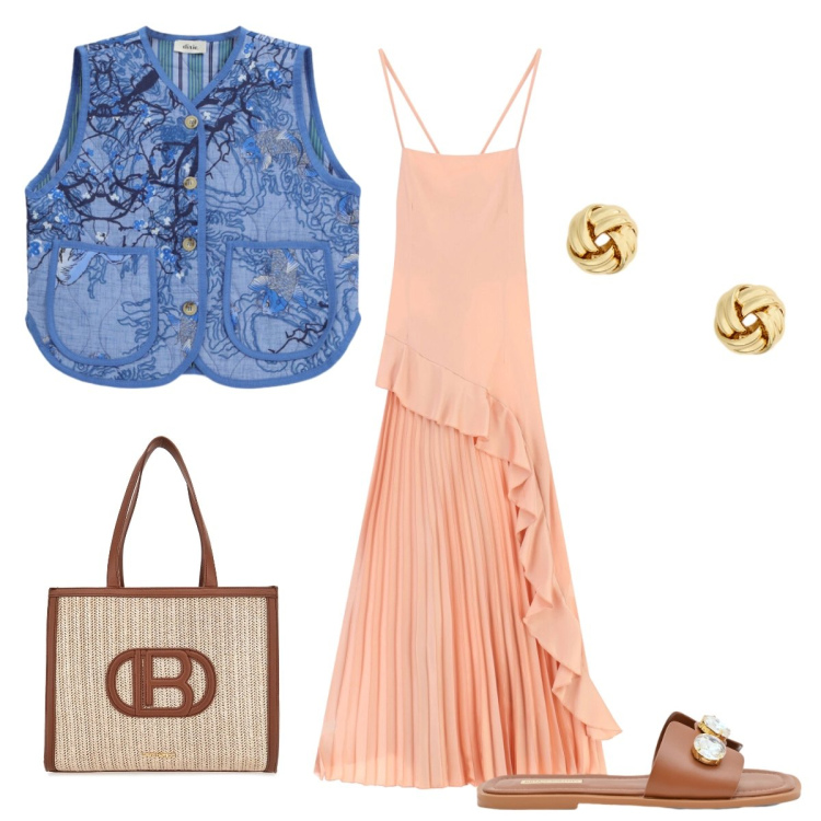 Outfit donna - Total look #2393006. Stile Casual per Tutti i giorni. Abbinamento con sandali gioiello, gilet, vestiti lunghi, orecchini, borse a spalla.