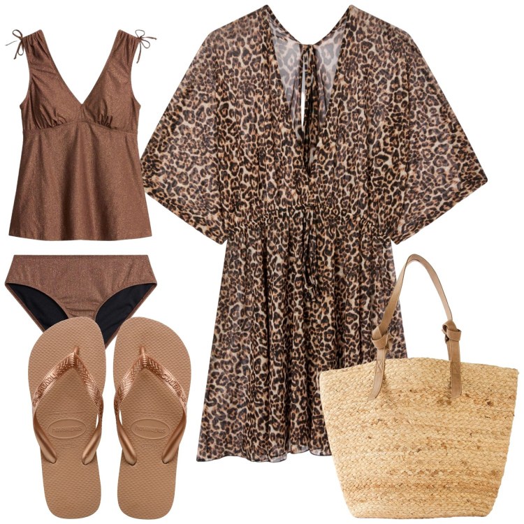 Outfit donna - Total look #2393008. Stile Etnico per Mare. Abbinamento con shopping bag, costumi interi, vestiti da spiaggia, ciabatte.
