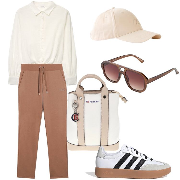 Outfit donna - Total look #2393009. Stile Casual per Tutti i giorni. Abbinamento con cappelli con visiera, occhiali da sole, camicie, pantaloni, sneakers, zaini.