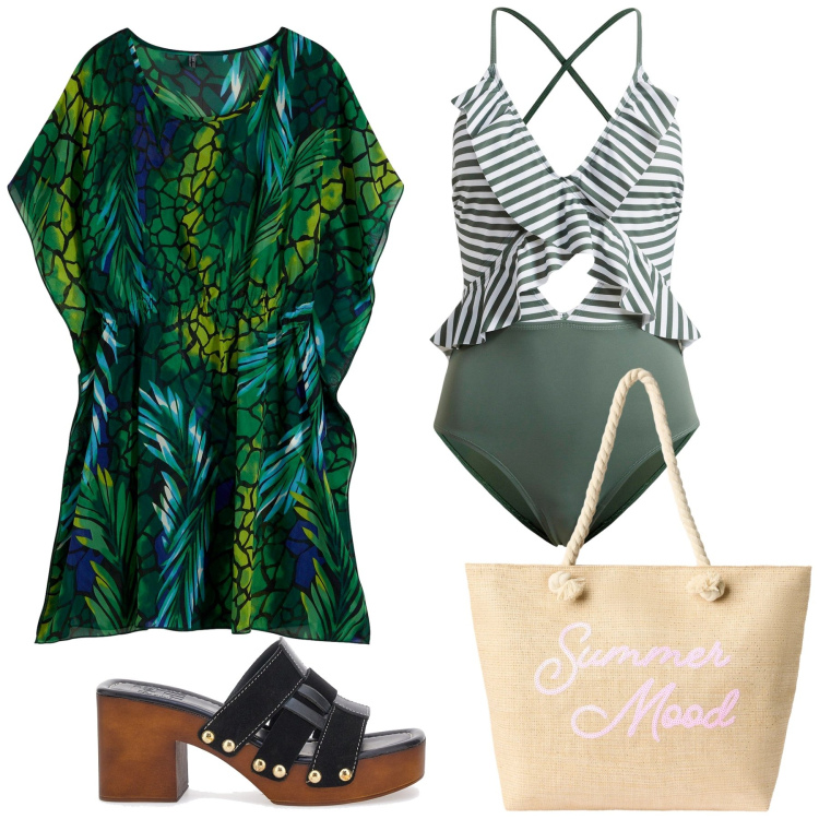 Outfit donna - Total look #2393010. Stile Trendy per Mare. Abbinamento con costumi interi, vestiti da spiaggia, borse tote, zoccoli.