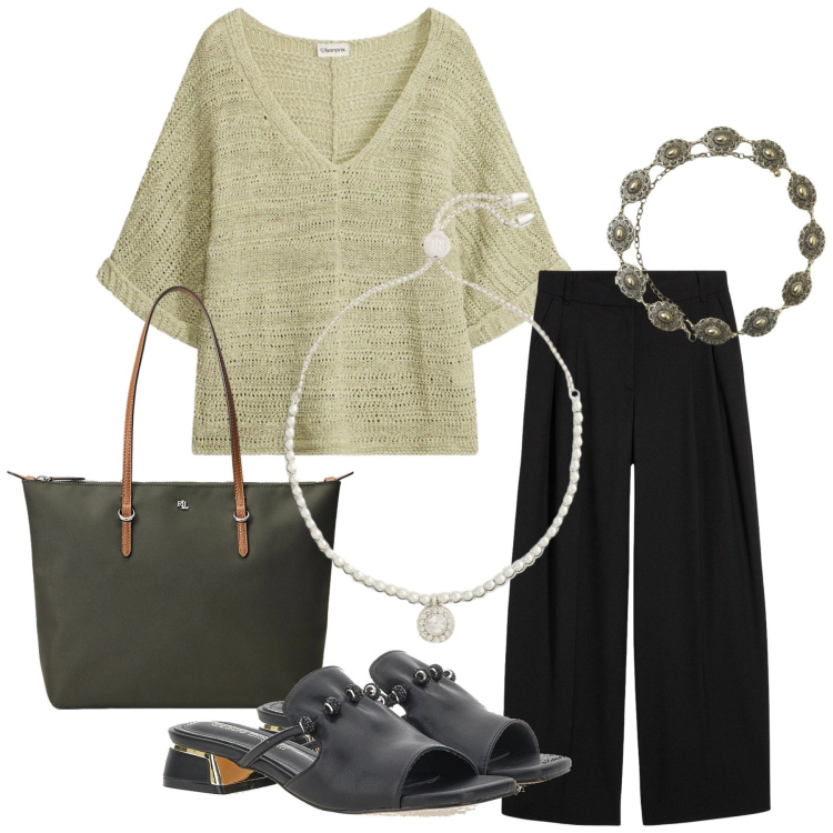 Outfit donna - Total look #2393011. Stile Basic per Tutti i giorni. Abbinamento con pantaloni, t-shirt, cinture, borse tote, braccialetti, ciabatte.