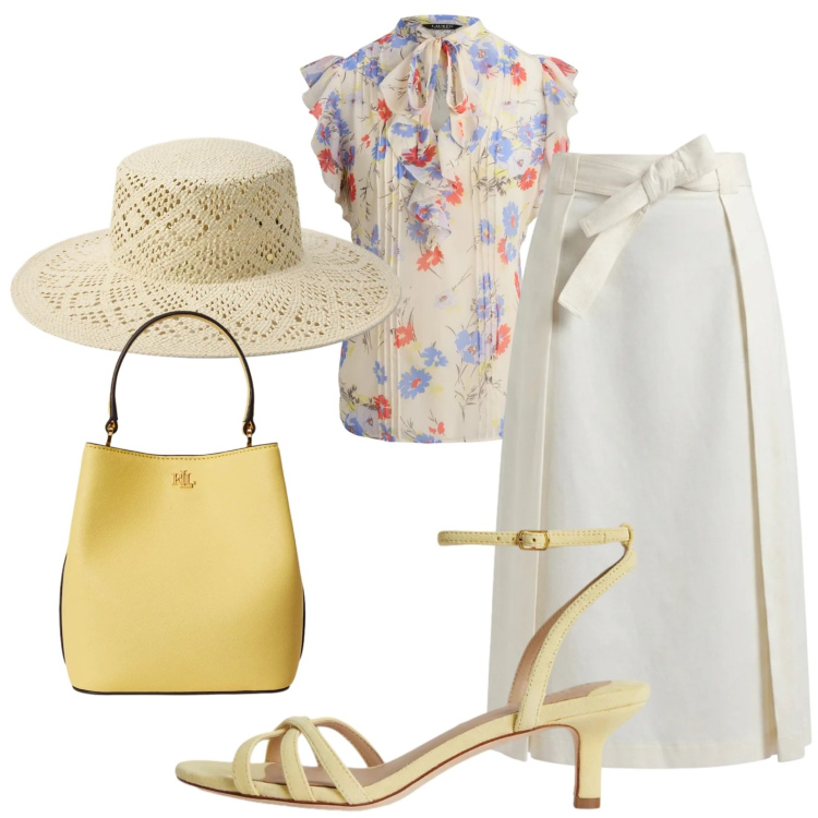 Outfit donna - Giornata di sole. Stile Boho per Tutti i giorni. Abbinamento con gonne longuette, borse a secchiello, bluse, cappelli, sandali col tacco.
