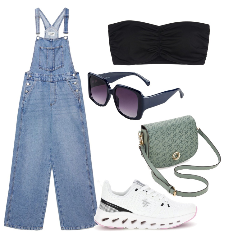 Outfit donna - Total look #2393013. Stile Urban per Tutti i giorni. Abbinamento con occhiali da sole, salopette, canottiere, borse a tracolla, sneakers.