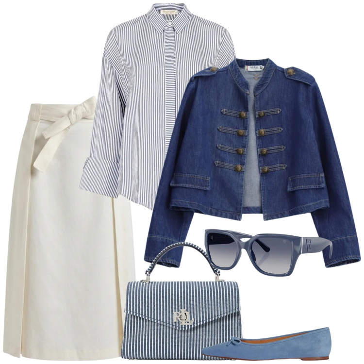Outfit donna - Stile marina. Stile Trendy per Scuola/Università. Abbinamento con blazer, gonne longuette, camicie, occhiali da sole, ballerine, borse a mano.