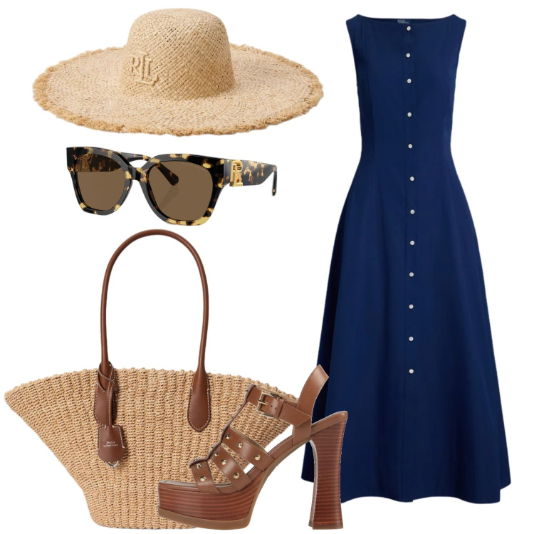 Outfit donna - Invito a pranzo al mare. Stile Glamour per Mare. Abbinamento con sandali in pelle, occhiali da sole, cappelli, borse tote, vestiti.