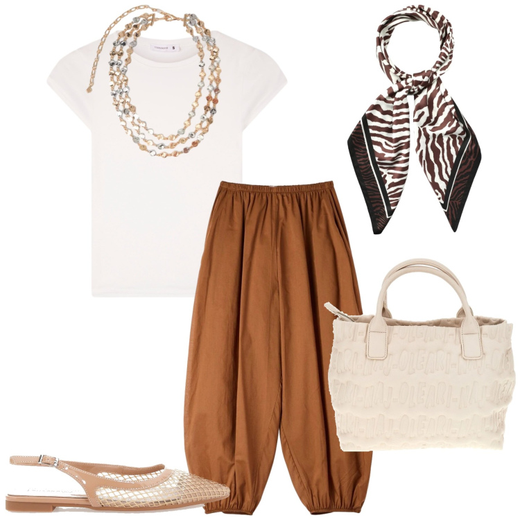 Outfit donna - Total look #2393020. Stile Etnico per Tutti i giorni. Abbinamento con foulard, pantaloni, t-shirt, collane, ballerine, borse a mano.
