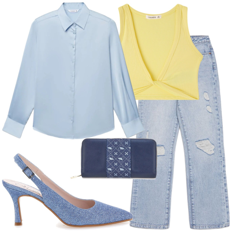 Outfit donna - Soft Denim Glow. Stile Casual chic per Tutti i giorni. Abbinamento con camicie, top, jeans strappati, collane, portafogli, décolleté.