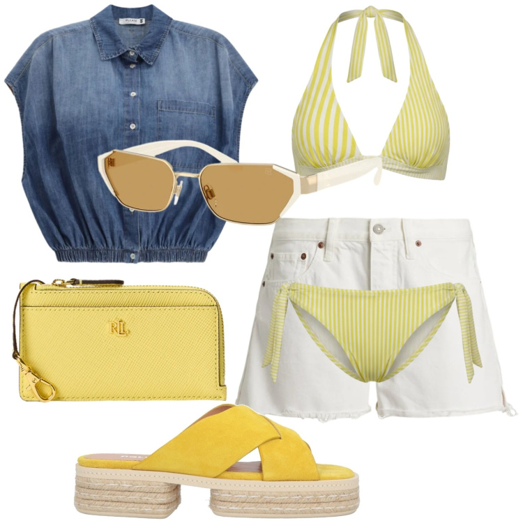 Outfit donna - Giro in barca sul lago. Stile Casual chic per Mare. Abbinamento con espadrillas, bikini, camicie, portafogli, occhiali da sole, shorts.