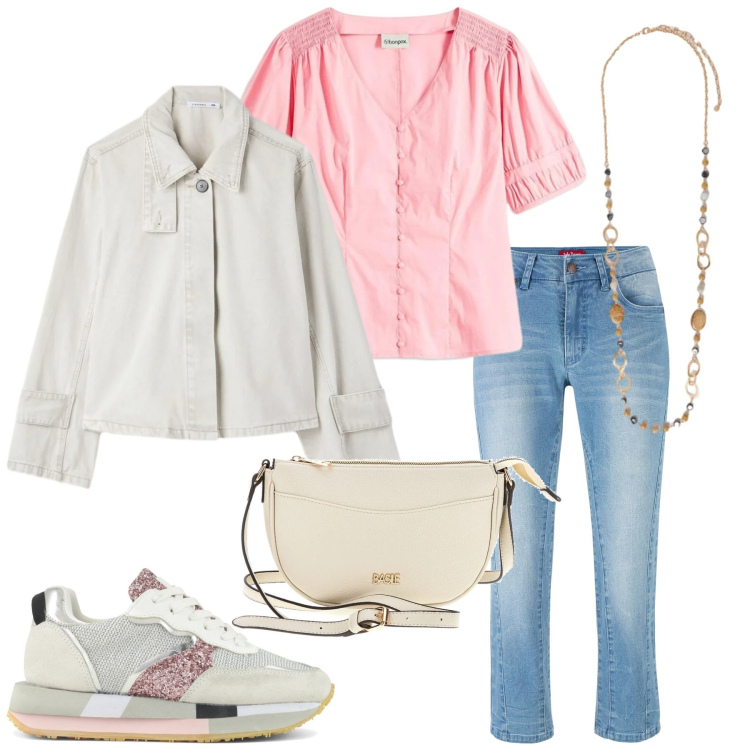 Outfit donna - Total look #2393031. Stile Casual per Tutti i giorni. Abbinamento con jeans, camicie a manica corta, cappotti, collane, sneakers, borse a tracolla.