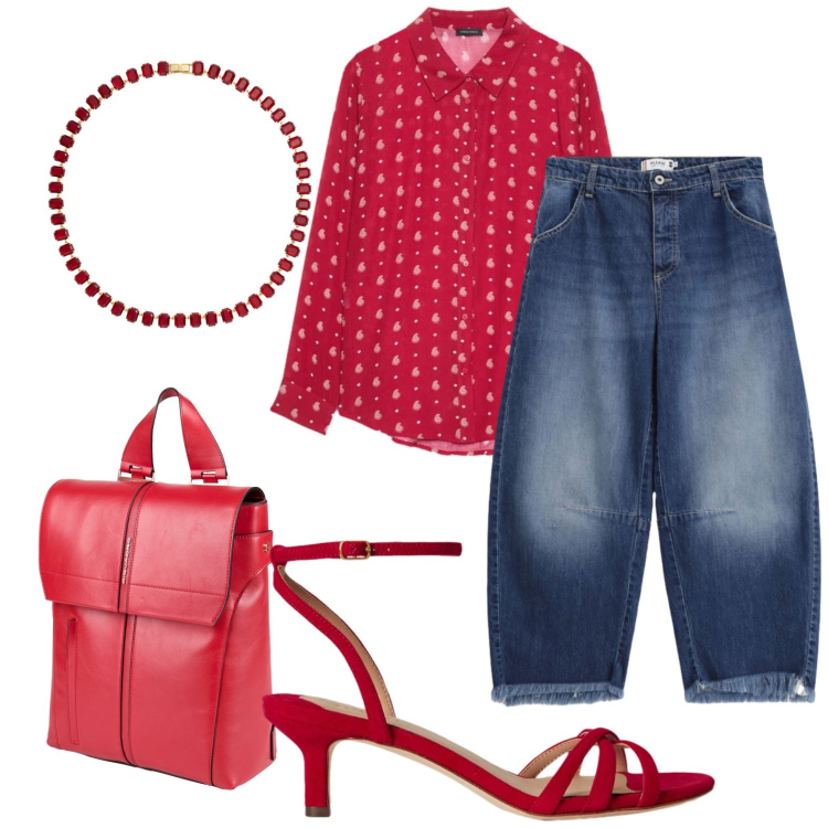 Outfit donna - Rosso a maggio. Stile Casual chic per Ufficio. Abbinamento con zaini, camicie, jeans, collane, sandali col tacco.