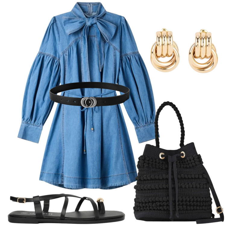 Outfit donna - Total look #2393037. Stile Trendy per Serata fuori. Abbinamento con orecchini, borse a secchiello, cinture, sandali, vestiti chemisier.