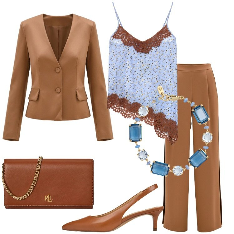 Outfit donna - Occasion Ready. Stile Chic per Cerimonia. Abbinamento con blazer, pantaloni a palazzo, top, borse a tracolla, décolleté, braccialetti.
