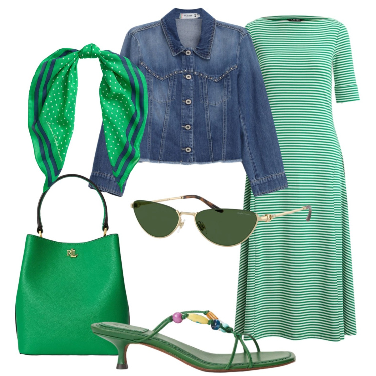 Outfit donna - Abito a righe. Stile Bon Ton per Tutti i giorni. Abbinamento con blazer, borse a secchiello, foulard, vestiti, sandali gioiello, occhiali da sole.