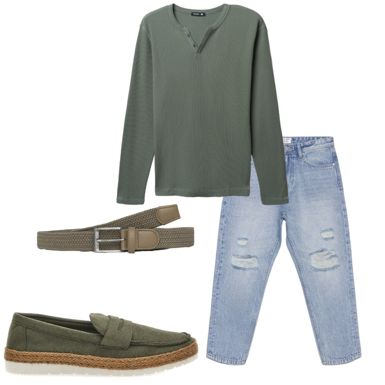 Outfit uomo - Una giornata di sole. Stile Casual per Tutti i giorni. Abbinamento con cinture, t-shirt, jeans strappati, scarpe stringate.