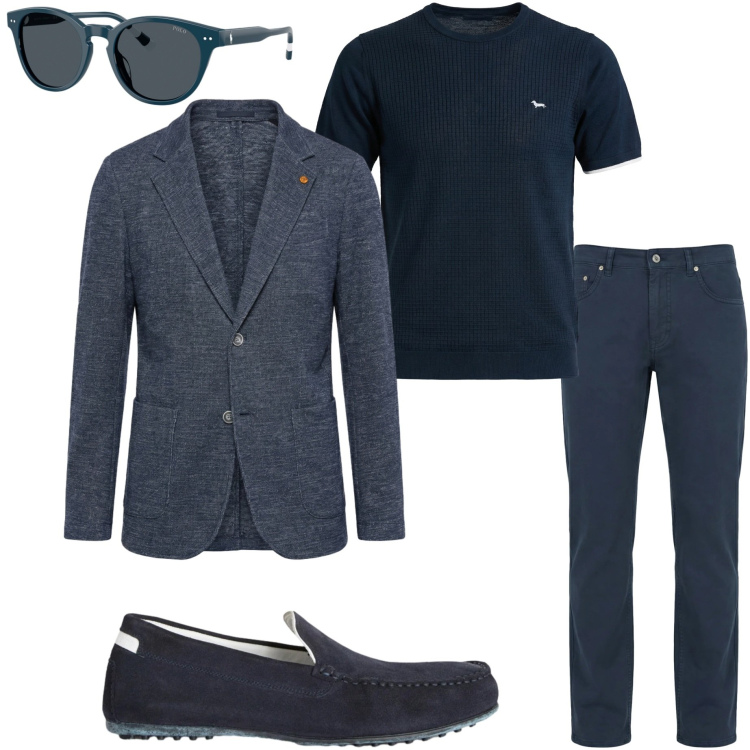 Outfit uomo - Casual chic. Stile Casual per Ufficio. Abbinamento con scarpe stringate, pantaloni, t-shirt, giacche, occhiali da sole.