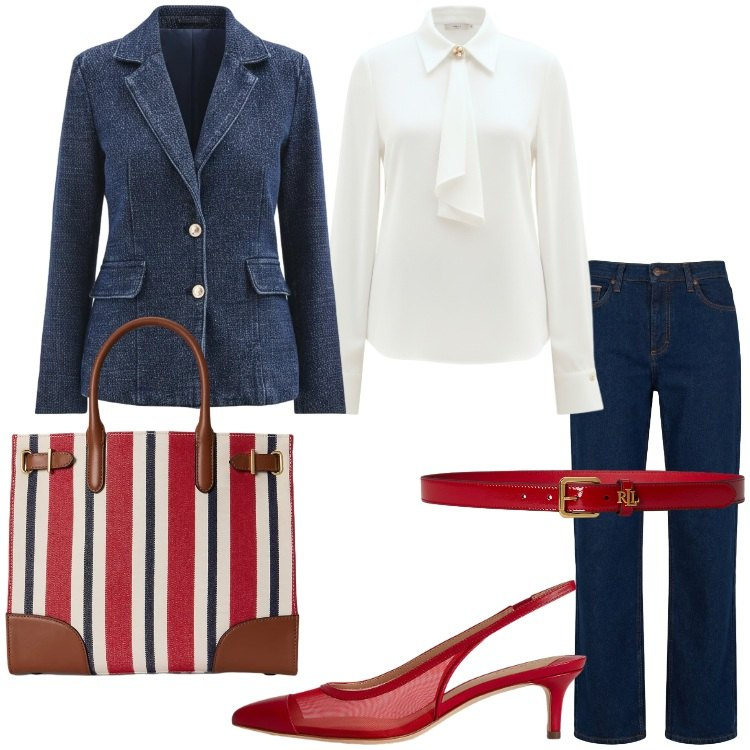 Outfit donna - Denim chic - @Laloba. Stile Bon Ton per Ufficio. Abbinamento con jeans, camicie, blazer, borse tote, décolleté, cinture.