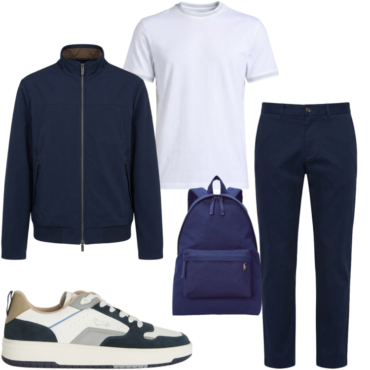 Outfit uomo - Weekend primaverile. Stile Urban per Tutti i giorni. Abbinamento con t-shirt, giacche, pantaloni, sneakers, borse sportive.