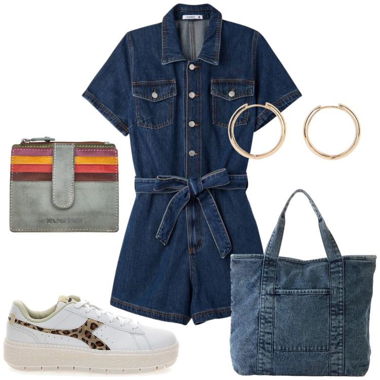 Outfit donna - Total look #2393053. Stile Basic per Tutti i giorni. Abbinamento con shopping bag, orecchini, tuta corta, sneakers, portafogli.