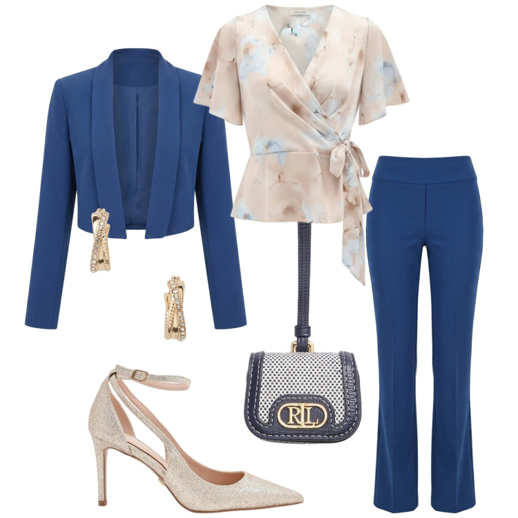 Outfit donna - Total look #2393056. Stile Chic per Cerimonia. Abbinamento con bluse, pantaloni, décolleté, bolero, pochette, orecchini.