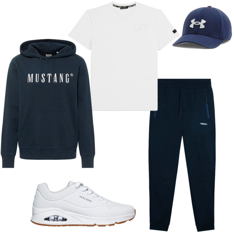 Outfit uomo - Giornata relax. Stile Casual per Tutti i giorni. Abbinamento con felpe con cappuccio, pantaloni, t-shirt, cappelli, sneakers.