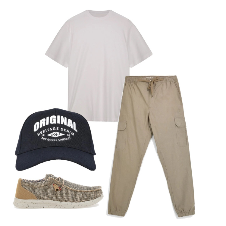 Outfit uomo - Maggio. Stile Trendy per Tutti i giorni. Abbinamento con cappelli con visiera, scarpe stringate, t-shirt, pantaloni cargo.