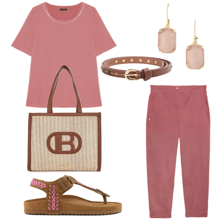 Outfit donna - Il completo con accessori marroni. Stile Casual chic per Tutti i giorni. Abbinamento con cinture, t-shirt, pantaloni, orecchini, infradito, borse a spalla.